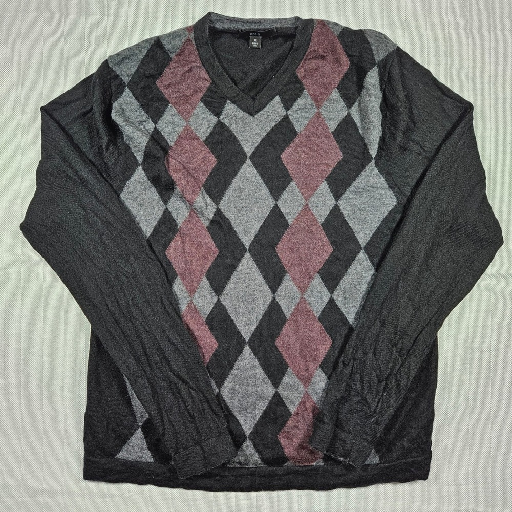 Apt 9 Mens 100% Merino Wool V Neck Argyle Sweater XL Dark Gray Grandpa Blokecore